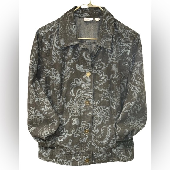 Women's Black Denim Gray Floral Button Front Jacket Coat Size Med M Pappagallo - Picture 1 of 7